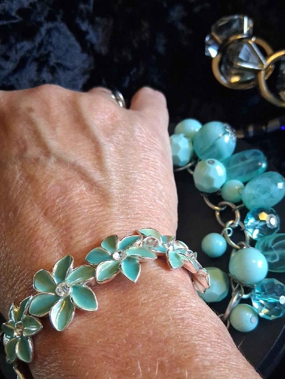 Aqua Beaded Statement Necklace and Floral Bracelet Set - Picture 6 of 10